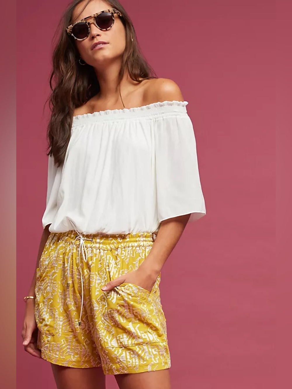 Anthropologie Elevenses Melora Printed Shorts in Yellow Size XL